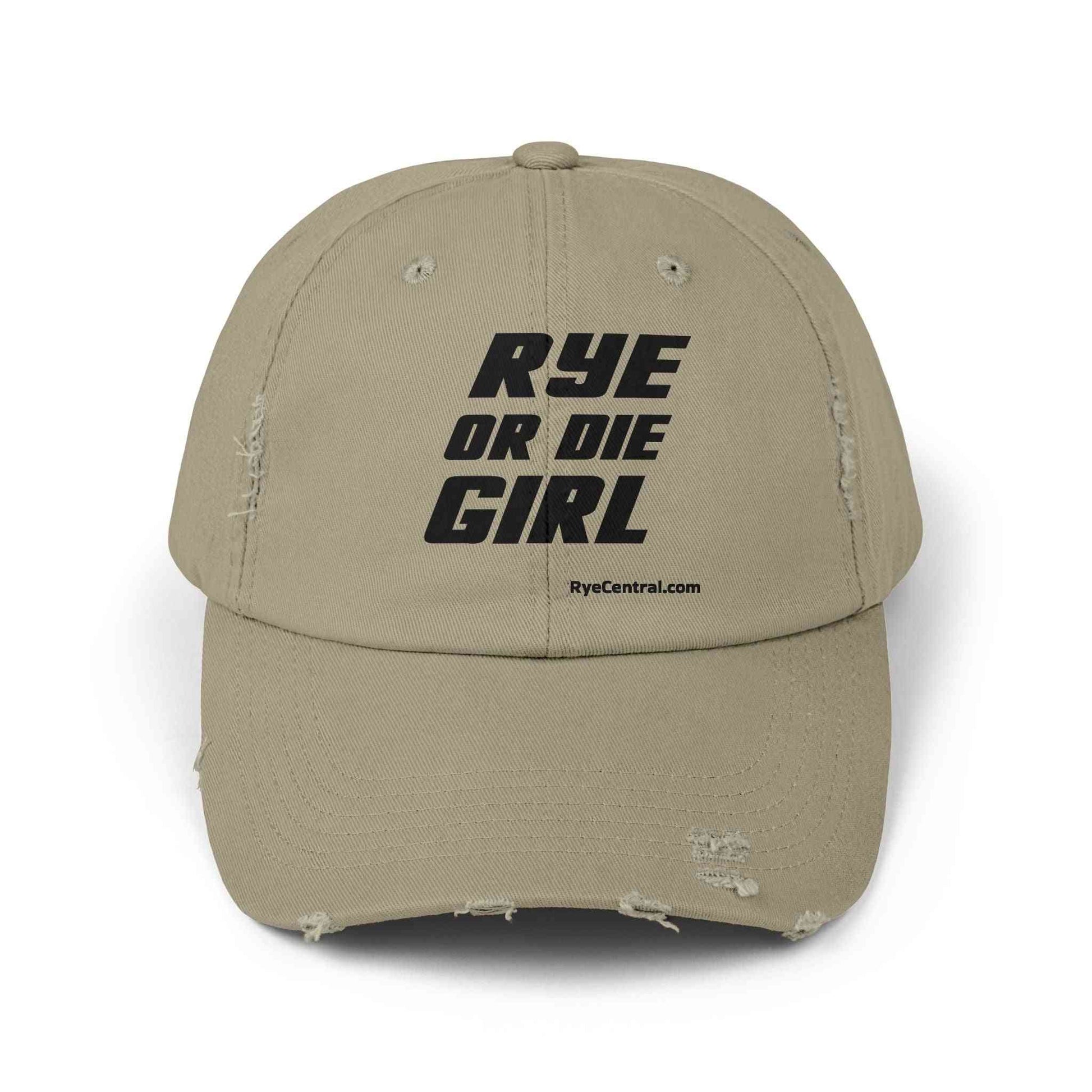 Olive green distressed whiskey hat with bold black 'Rye Or Die Girl' lettering, a stylish accessory for whiskey enthusiasts.
