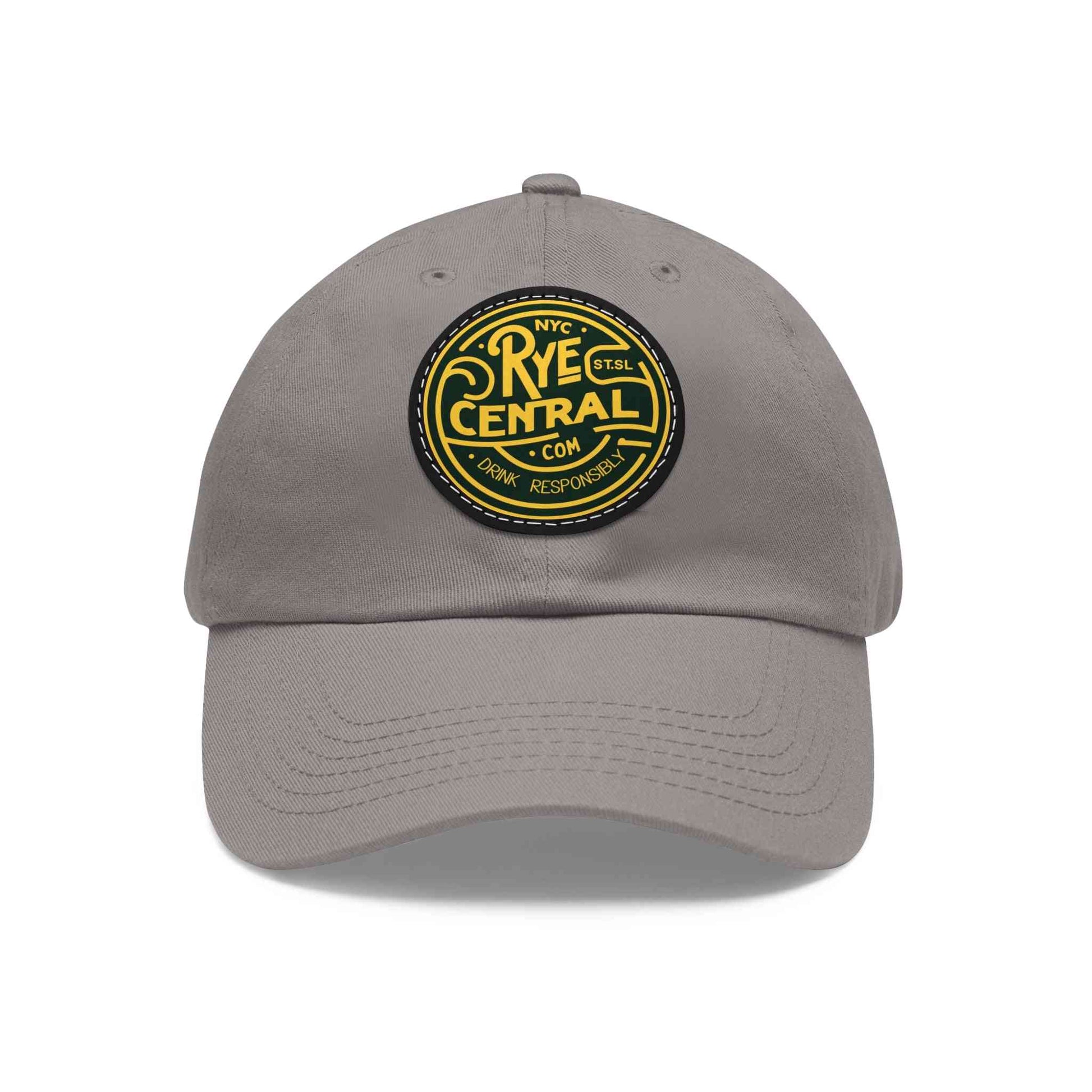 Gray Whiskey Leather Patch Dad Cap featuring bold Rye Central emblem, perfect for whiskey enthusiasts and casual accessory collectors.