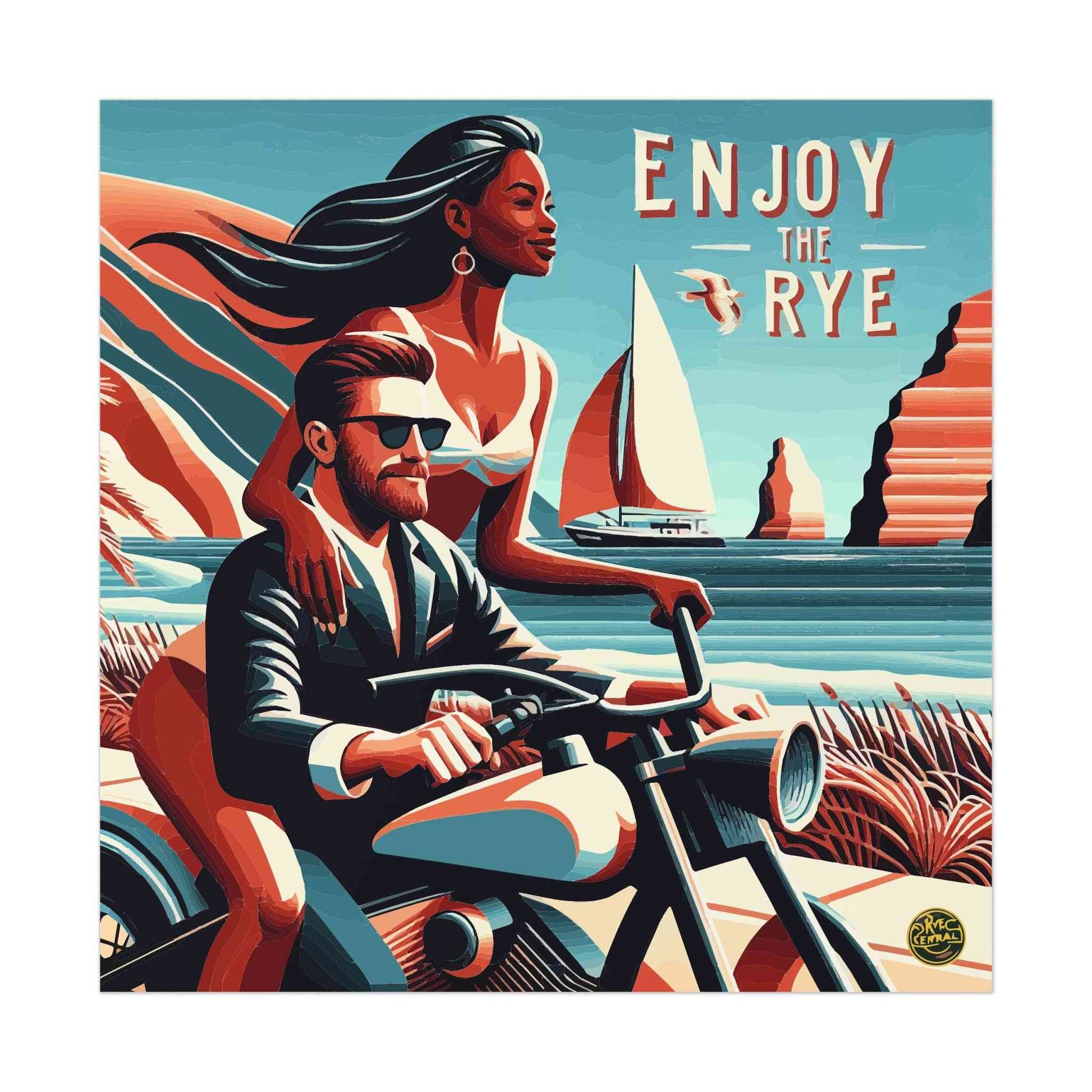 Enjoy the Rye whiskey poster with a retro-style couple riding a motorcycle, perfect for whiskey lovers and vintage art collectors.