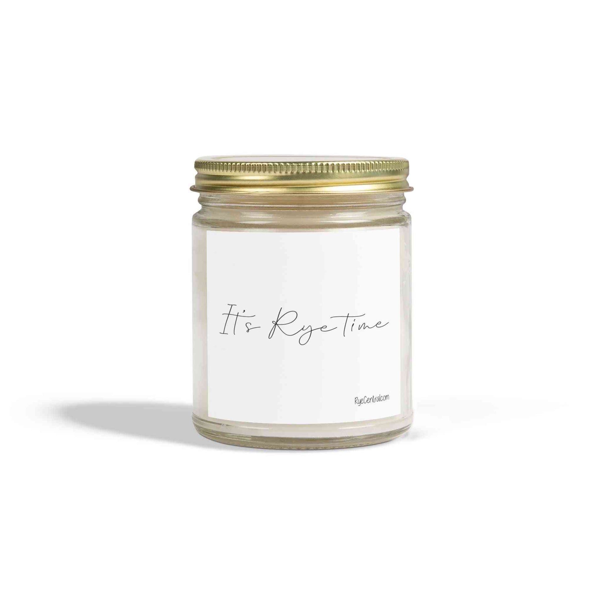 White wax 'It's Rye Time' candle in clear jar with gold lid, a premium whiskey-inspired home decor gift made in the USA.