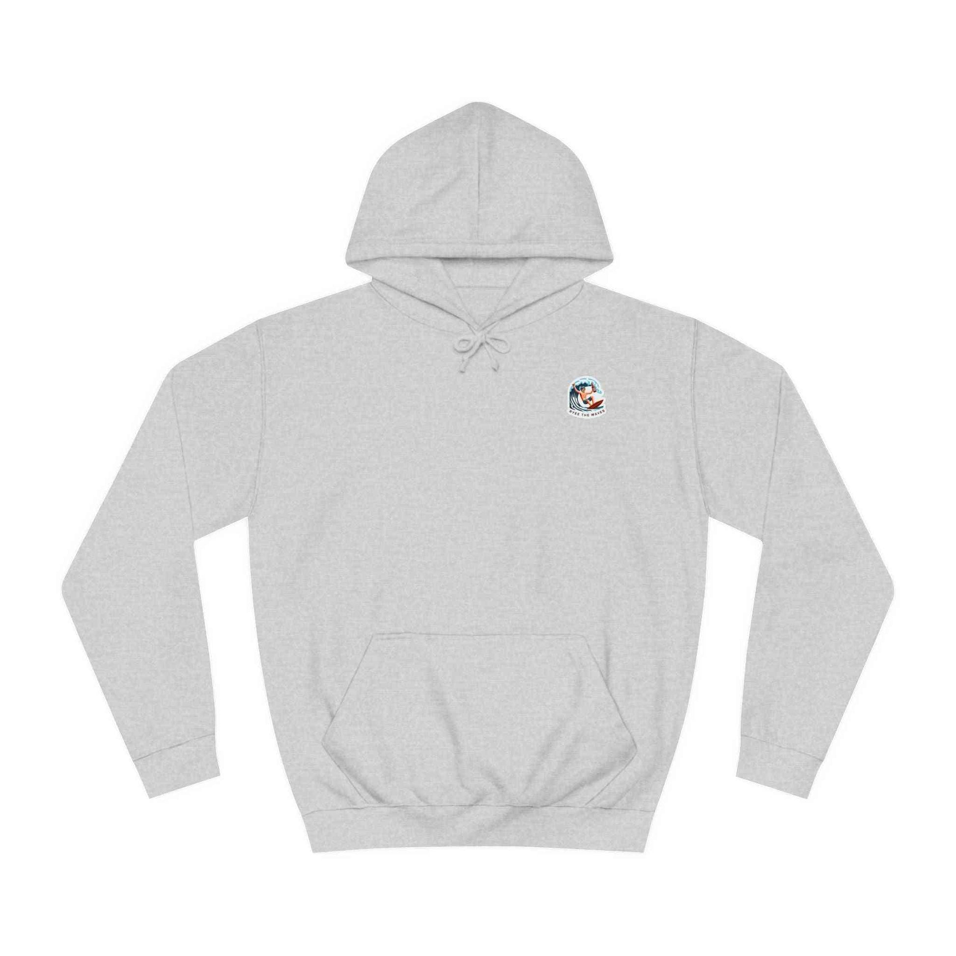 Light gray Coastal Whiskey Hoodie Unisex with small surf-themed chest logo, perfect for relaxed, stylish comfort by the sea.