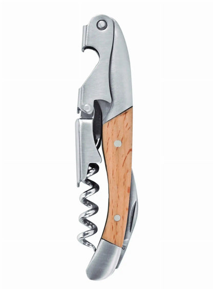 Premium Timber Double-Hinged Corkscrew featuring ergonomic wood grip and dual-lever design, perfect for home bar accessories and wine tools.