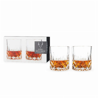 Viski Admiral Crystal Tumblers set with two clear stemless cocktail glasses filled with whiskey, displayed next to sleek retail packaging.