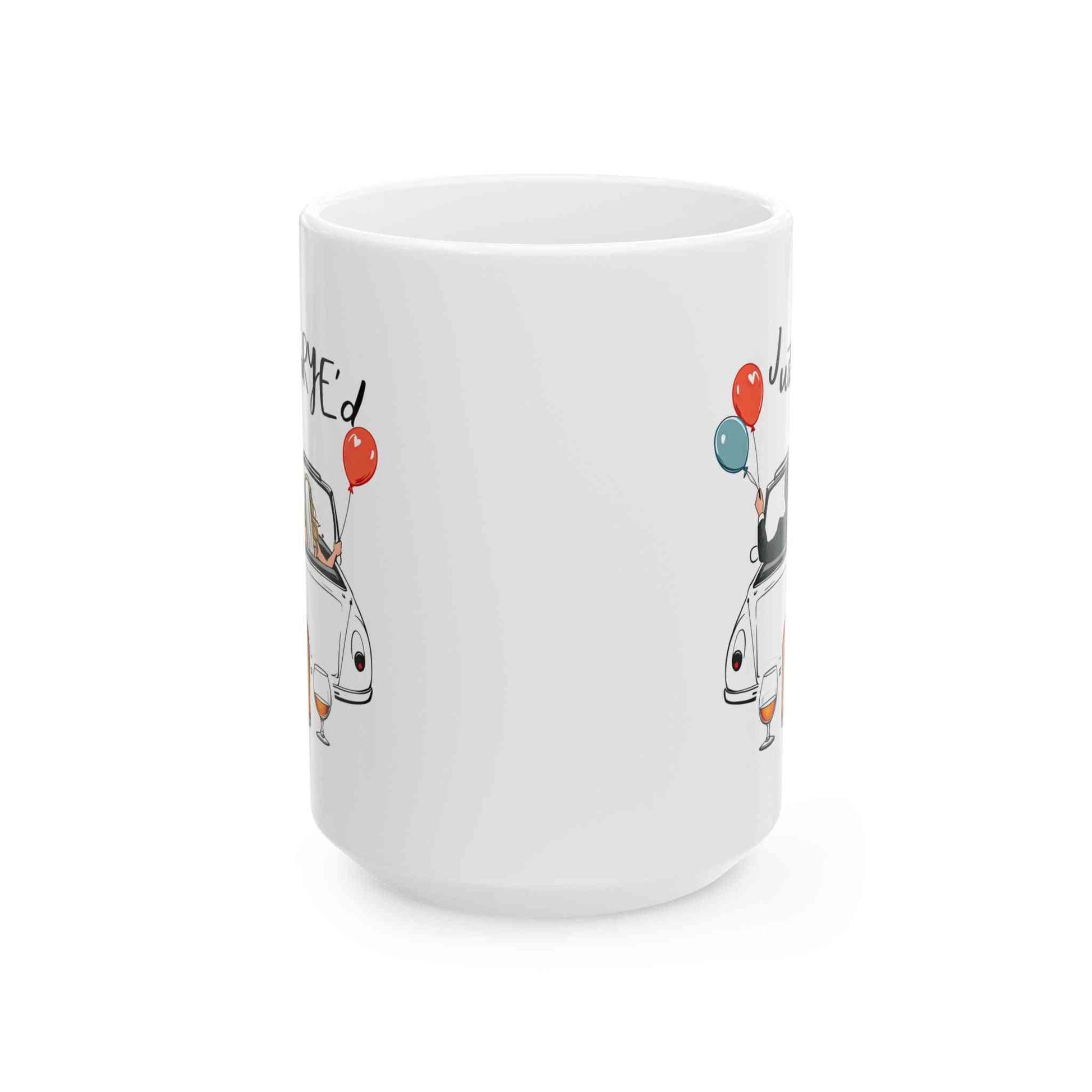 Side view of the wedding whiskey gift mug showing partial car and balloon design, ideal for newlywed celebrations and personalized gifts.