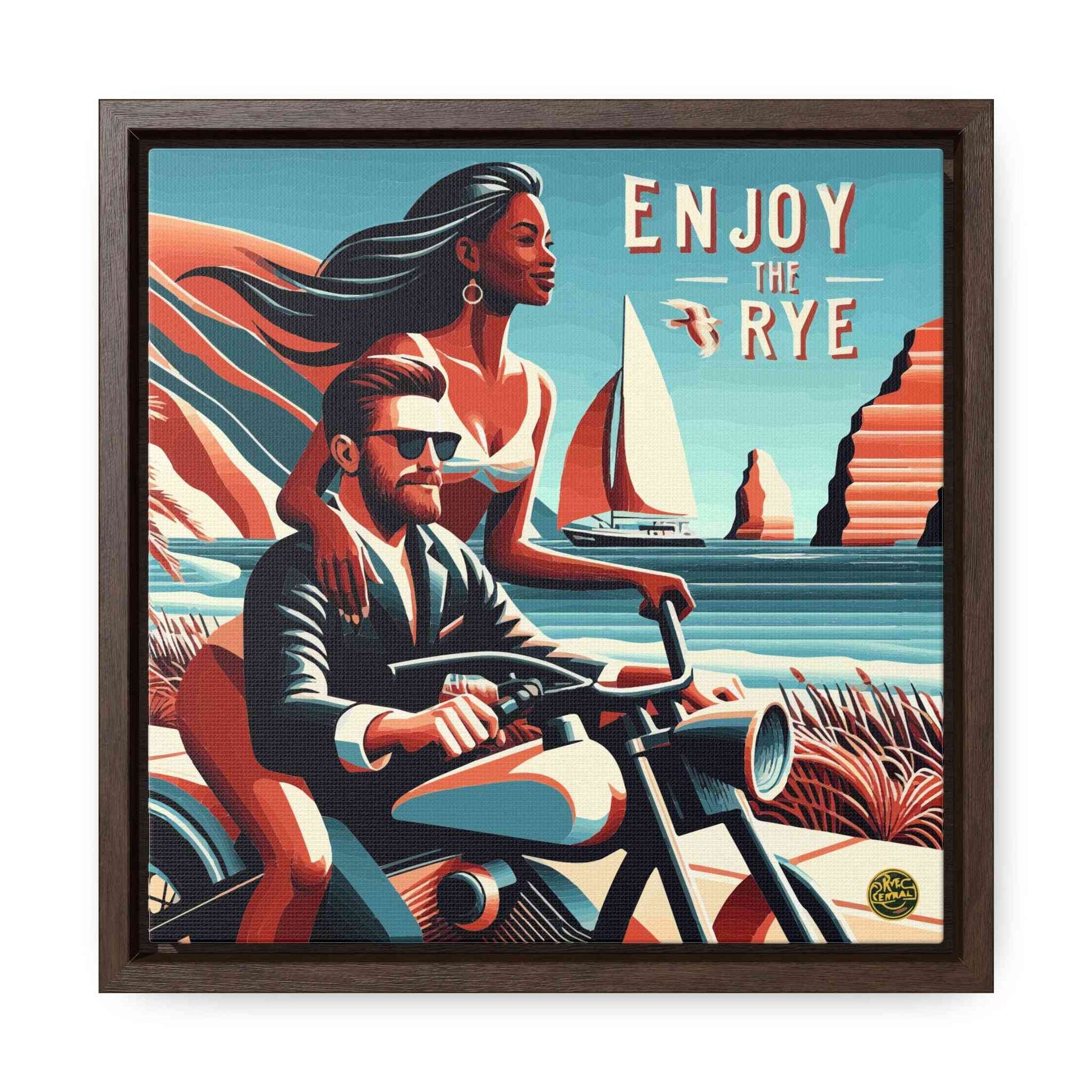 Enjoy The Rye Canvas Art with a scenic ocean view and couple on a bike, designed to elevate whiskey lovers' home decor.