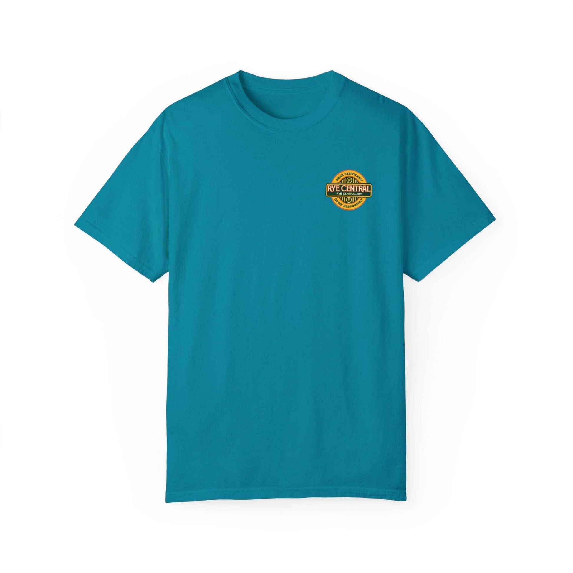 Front of teal whiskey t-shirt for women with 'Rye Central' logo, a stylish choice for whiskey lovers and casual wear.