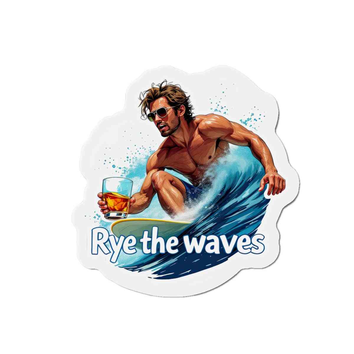 Home decor magnet with a surfing man holding a whiskey drink, combining beach vibes and humor for fridge decoration.
