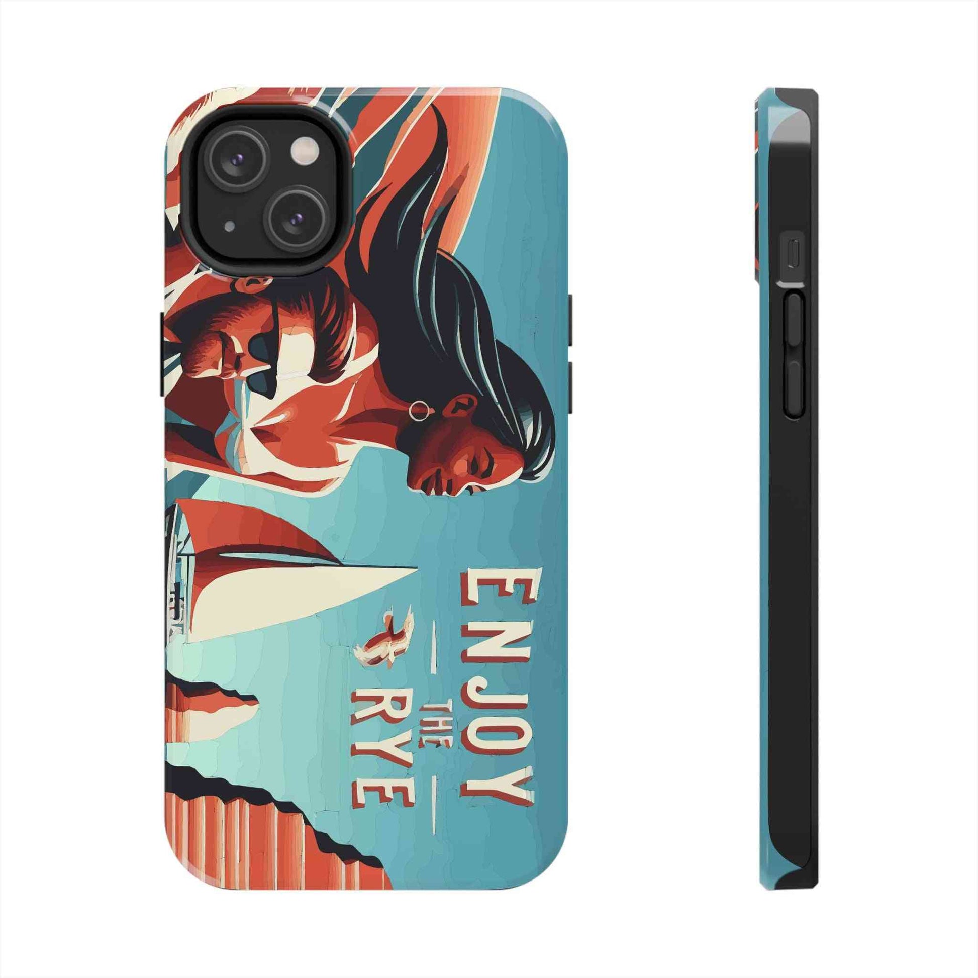 Stylish alcohol phone case with 'Enjoy the Rye' slogan and sailing woman, designed for whiskey fans and iPhone protection.