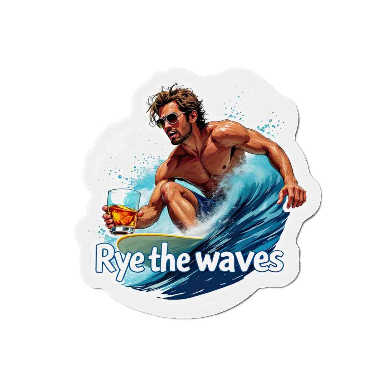 Bold and colorful magnet of a surfer with whiskey, labeled 'Rye the waves', great for surf lovers and bar-themed fridge decor.