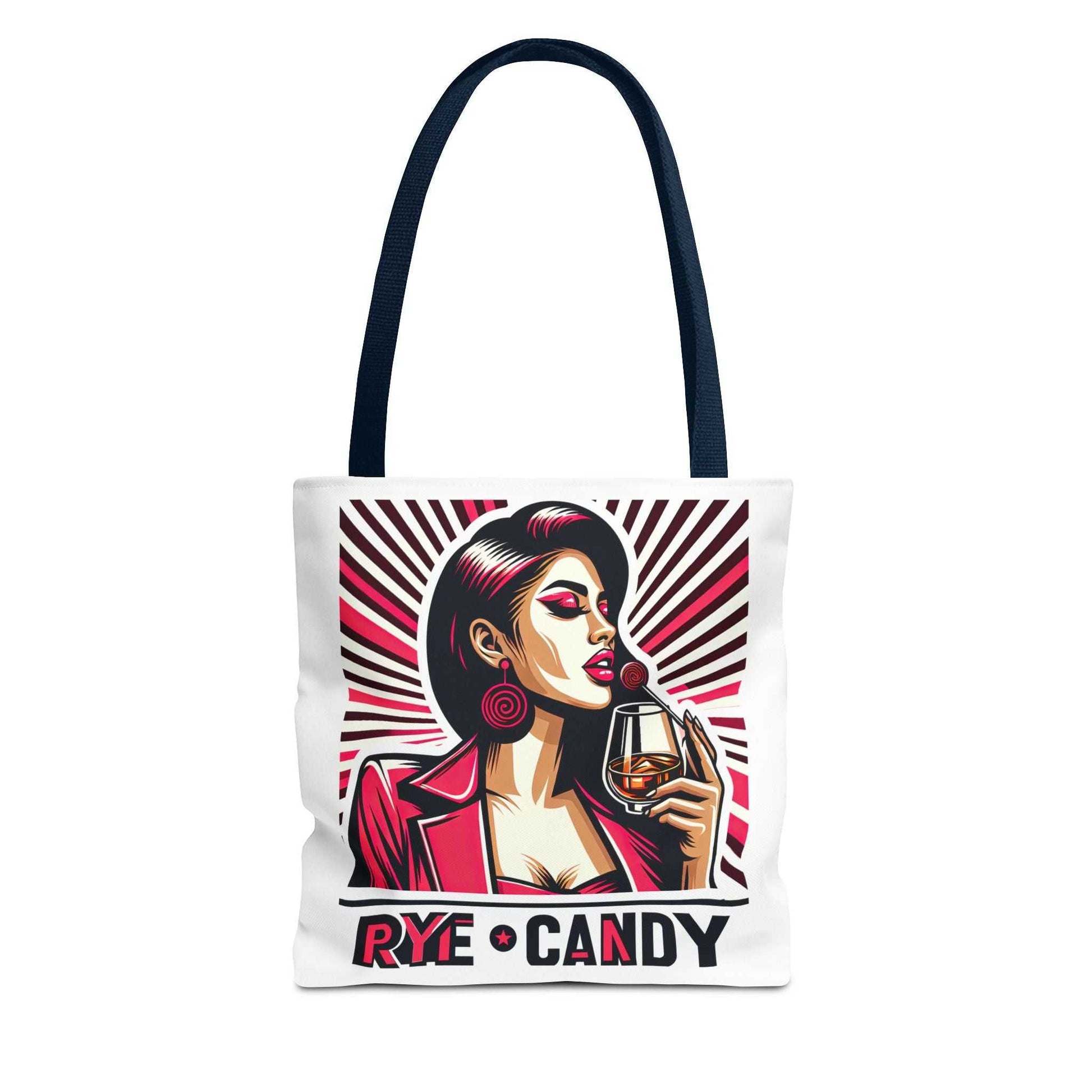 Rye Candy Whiskey Tote Bag with black handles, showcasing a stylish retro woman and whiskey glass graphic for trendy drinkware lovers.