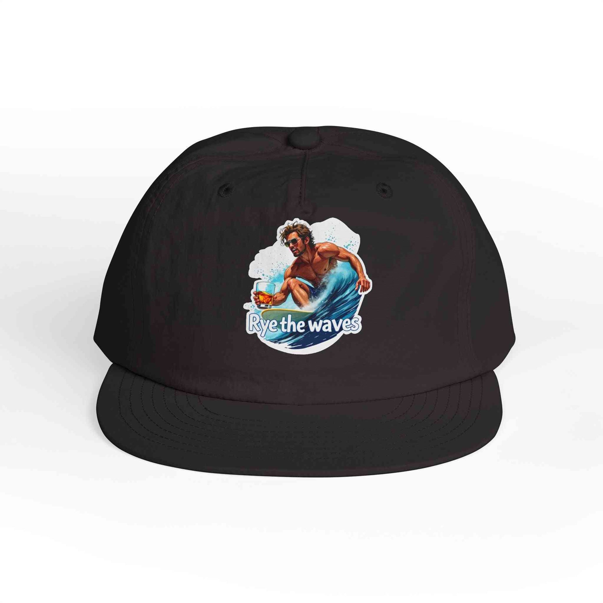 Black Whiskey Bent Hat for Surfers Eco-Friendly Cap featuring colorful surfer print, ideal for eco-friendly outdoor wear.