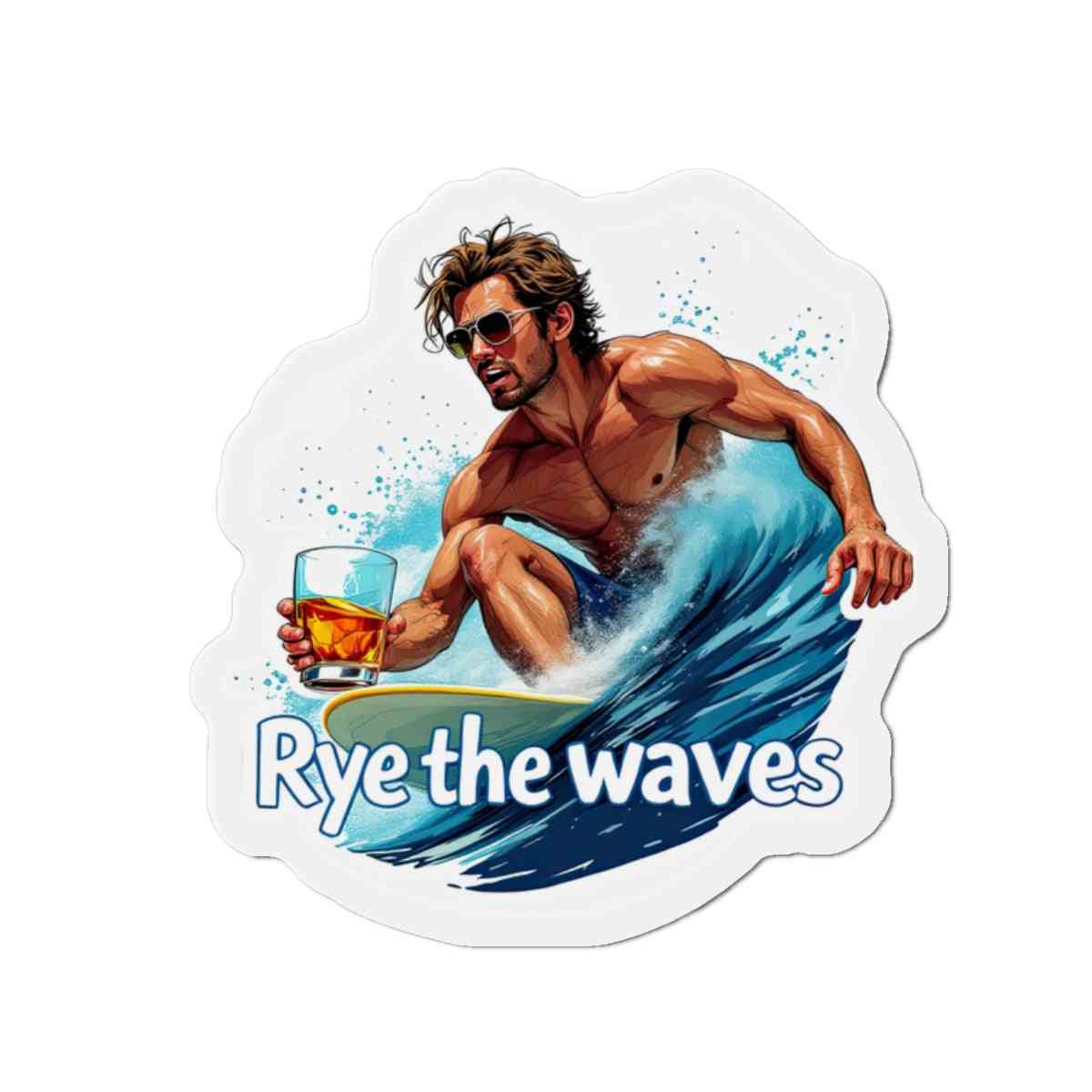 Surf-themed whiskey fridge magnet showing a muscular man riding a wave with a whiskey glass, perfect for beachy home decor or gift ideas.