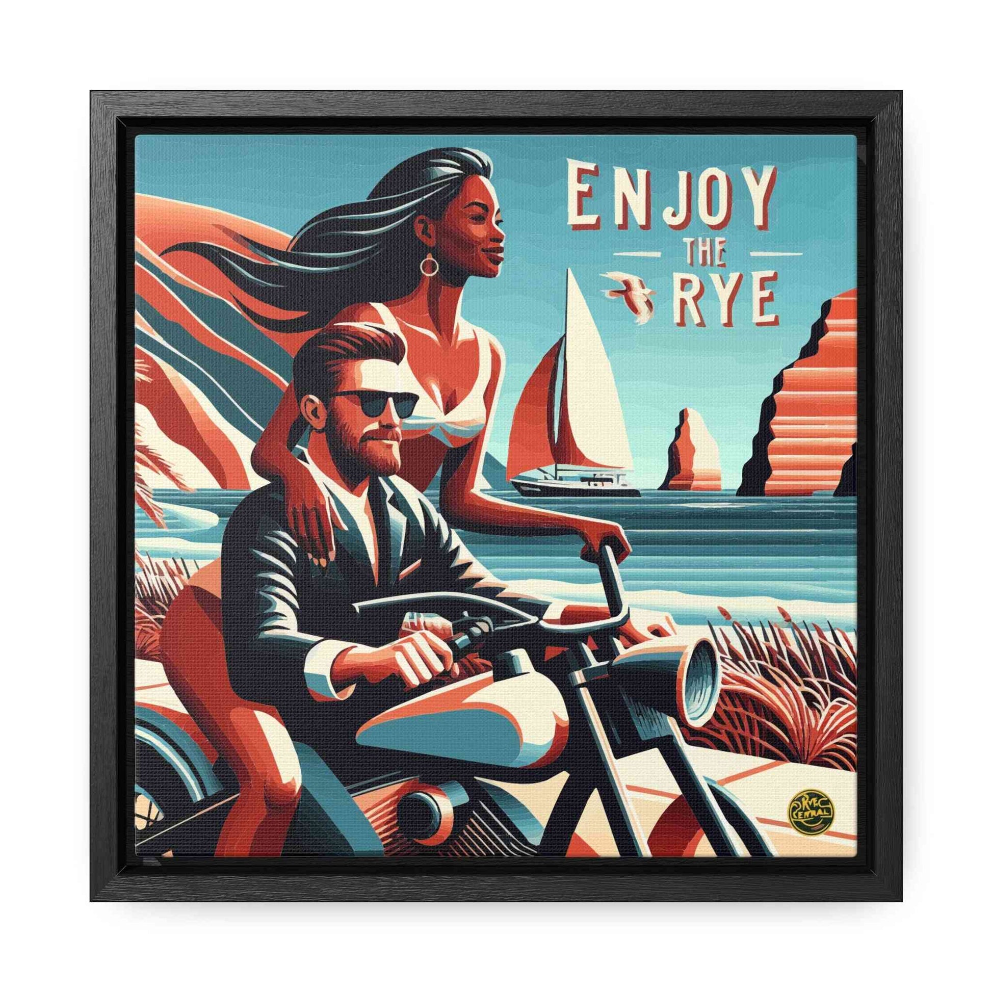 Whiskey Canvas Art Enjoy The Rye with a man and woman riding a motorcycle by the coast, framed for indoor home and living spaces.