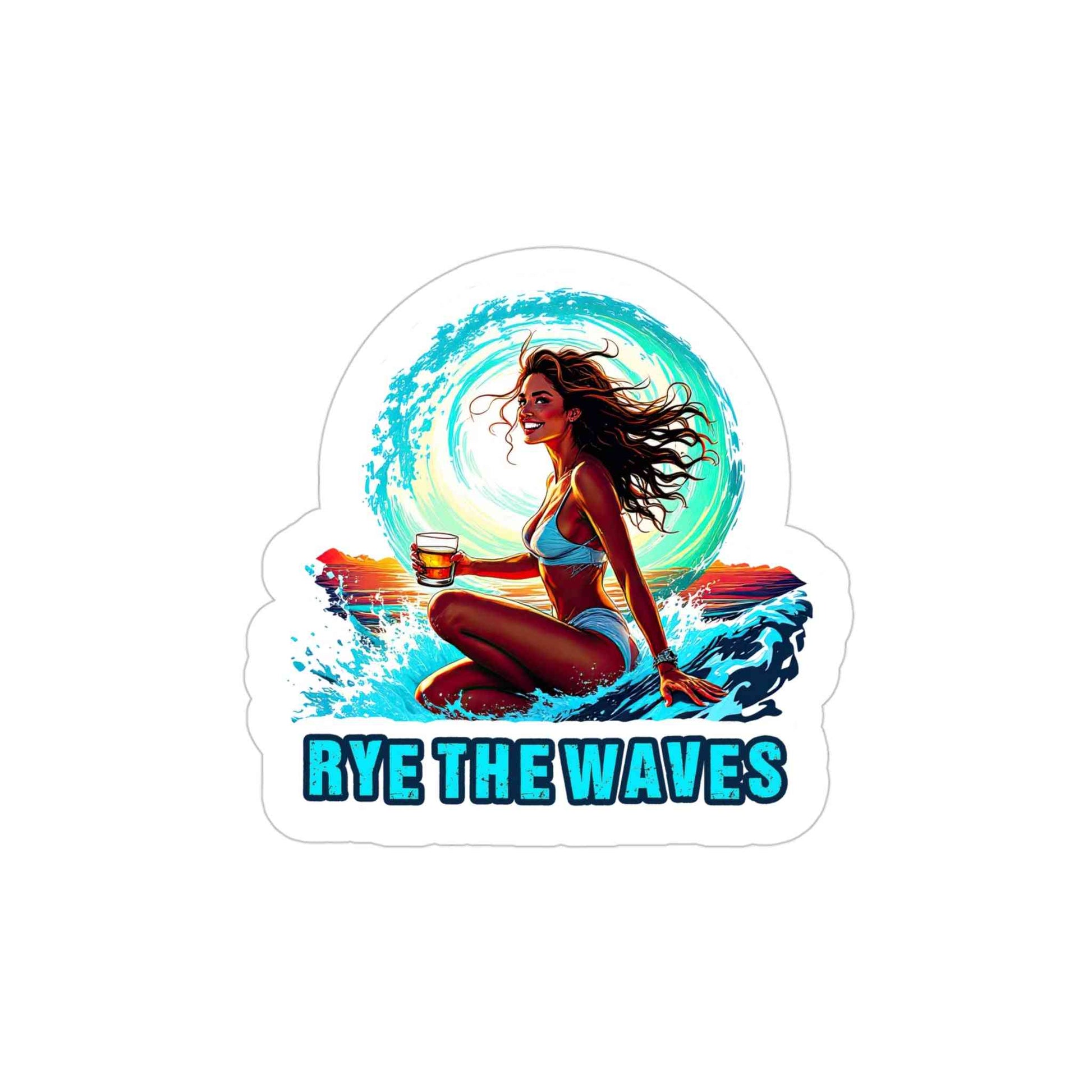 Durable Playful Whiskey Sticker Rye The Waves showing a surfing woman holding whiskey, great for outdoor use on various surfaces.