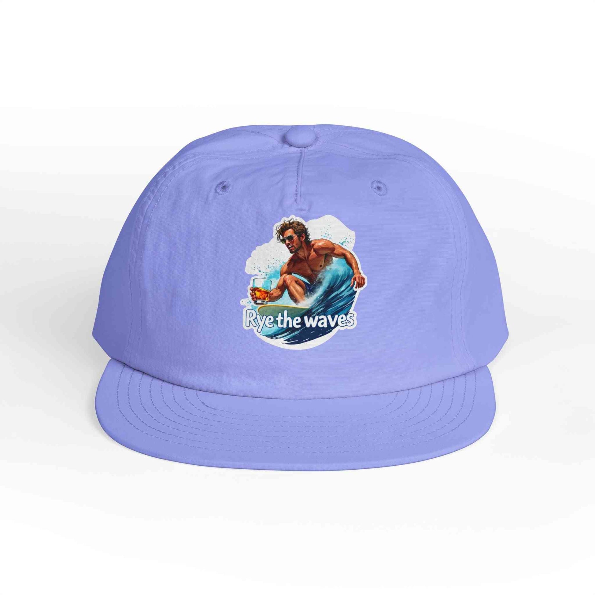 Lavender Whiskey Bent Hat for Surfers Eco-Friendly Cap with 'Rye the Waves' design, stylish and sustainable for surf lovers.
