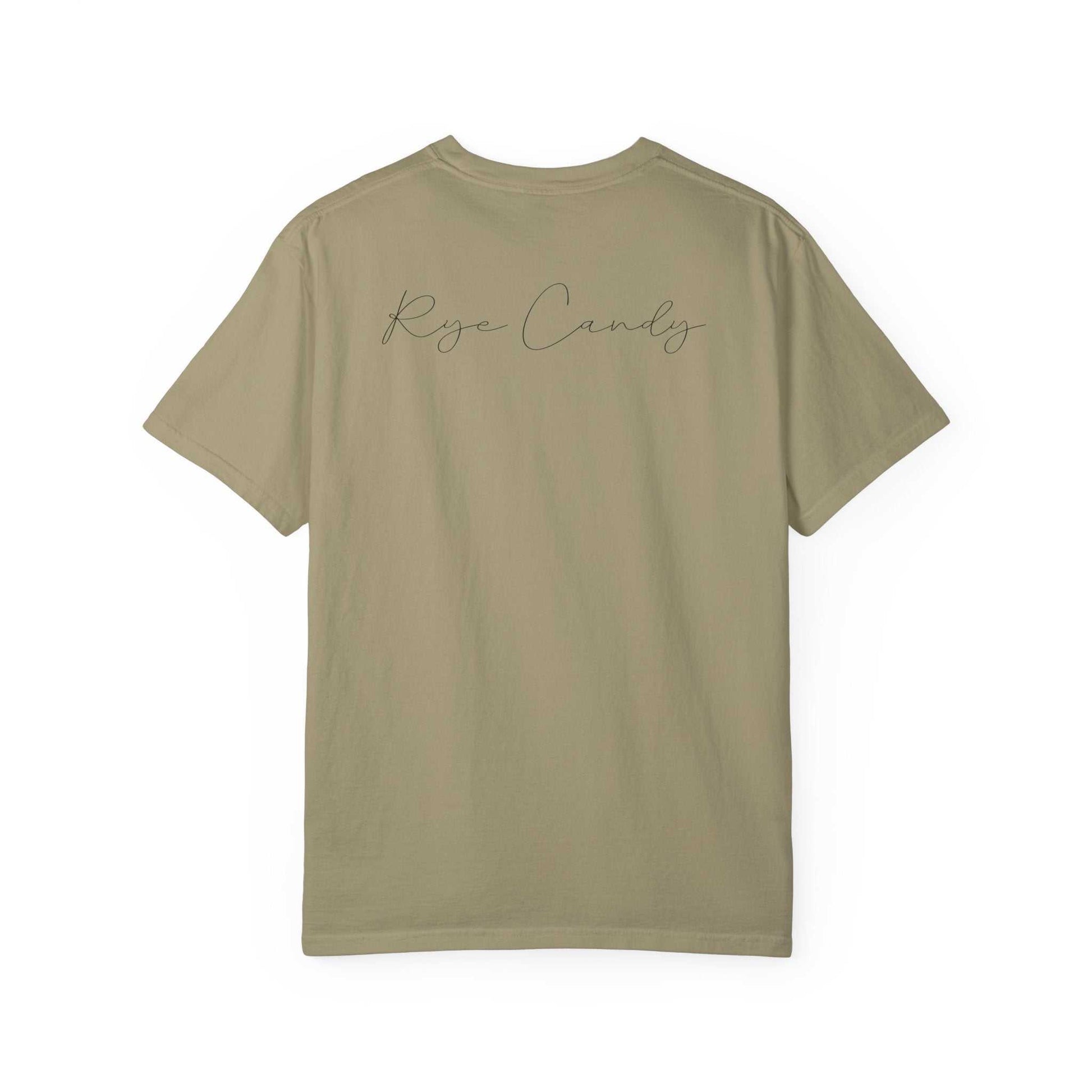 Back view of khaki funny whiskey T-shirt with elegant 'Rye Candy' script—subtle branding for whiskey lovers with style.