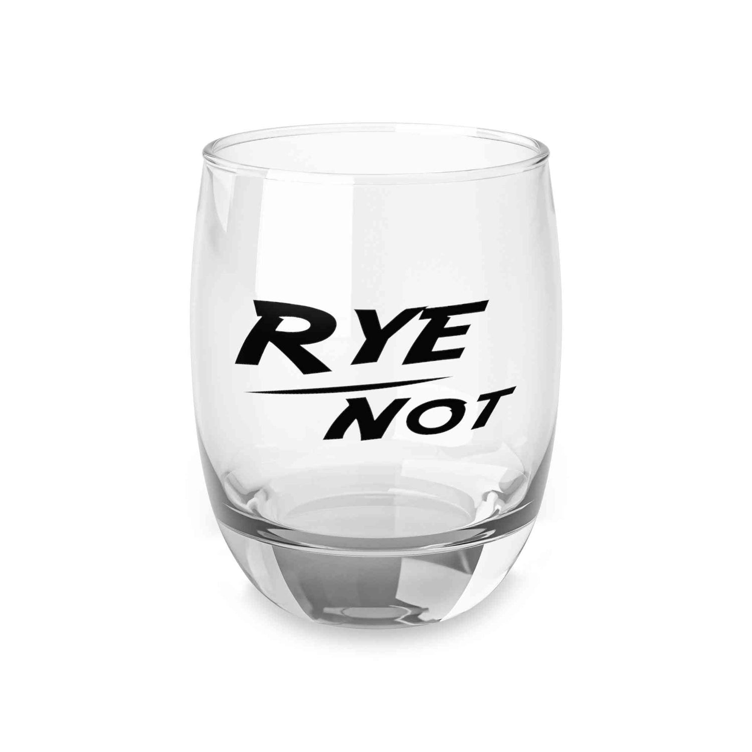 Gift-ready rye whiskey glass with bold 'Rye Not' print, perfect personalized barware gift for whiskey lovers and home bars.