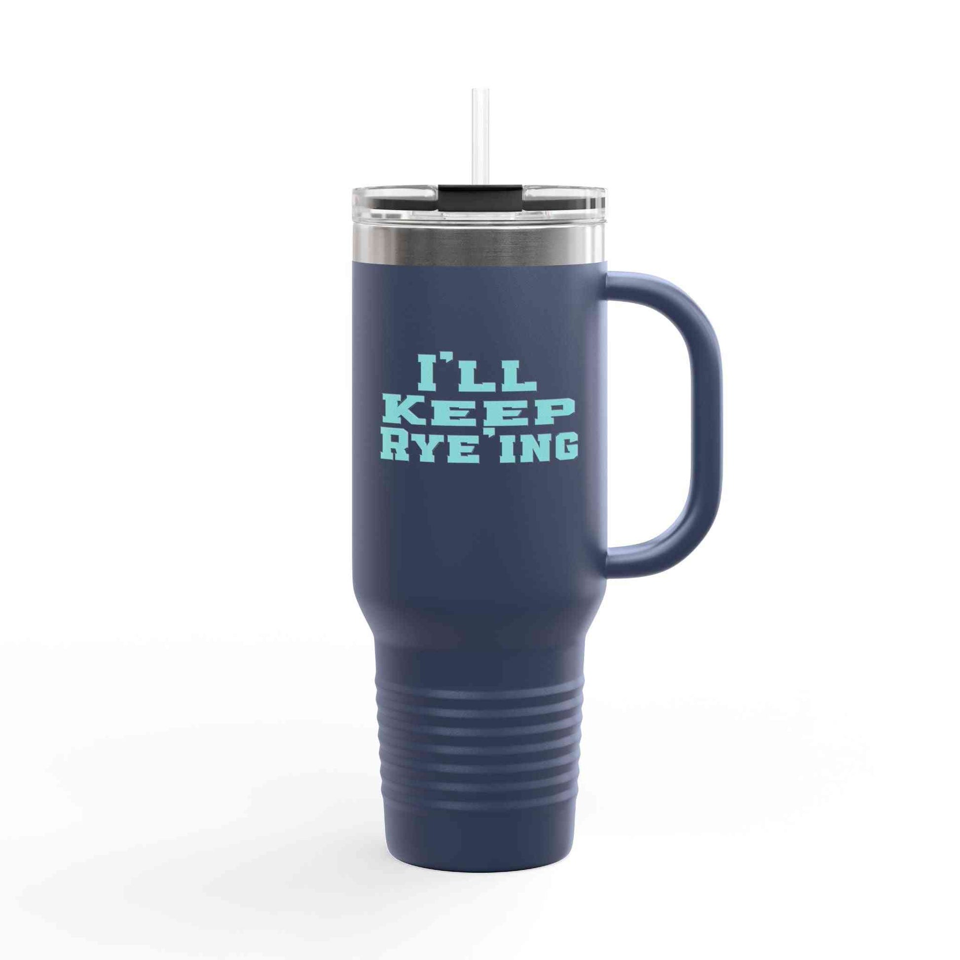 Eco-friendly navy blue golf whiskey tumbler with 'I'll Keep Rye'ing' text, 40oz insulated mug ideal for outdoor adventures and whiskey lovers.