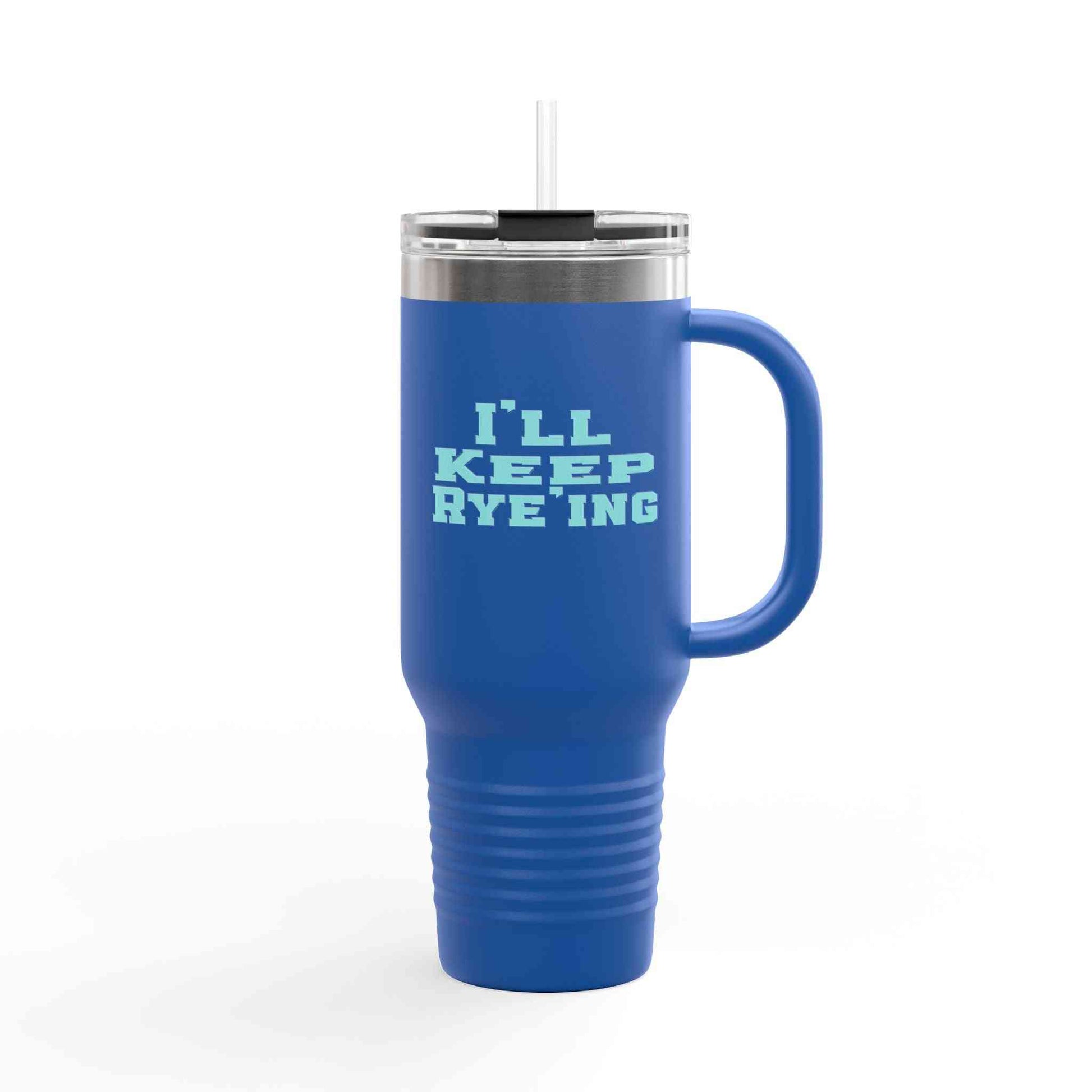 Blue eco-friendly golf whiskey tumbler with fun 'I'll Keep Rye'ing' design, 40oz insulated mug for stylish and rugged outdoor use.
