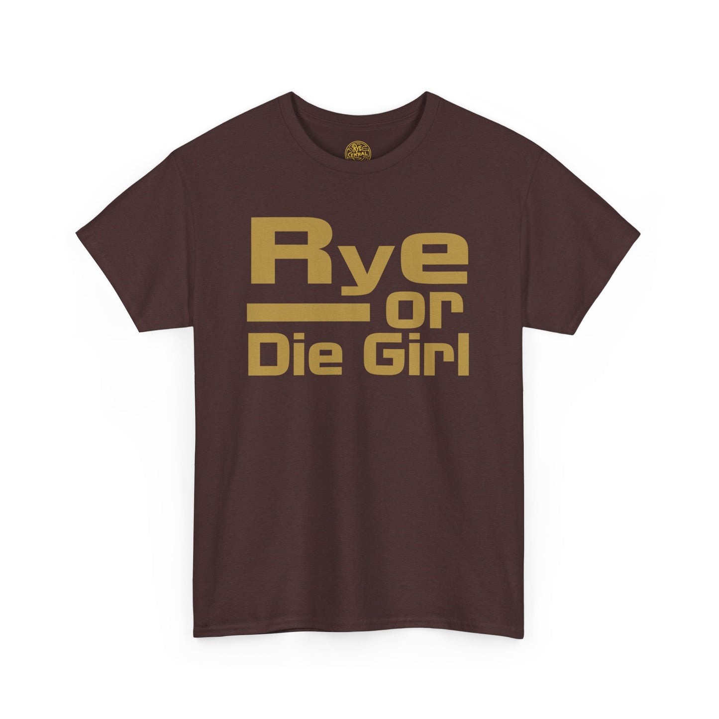 Woman wearing Rye or Die Girl whiskey lover t-shirt at casual gathering, showing comfortable fit