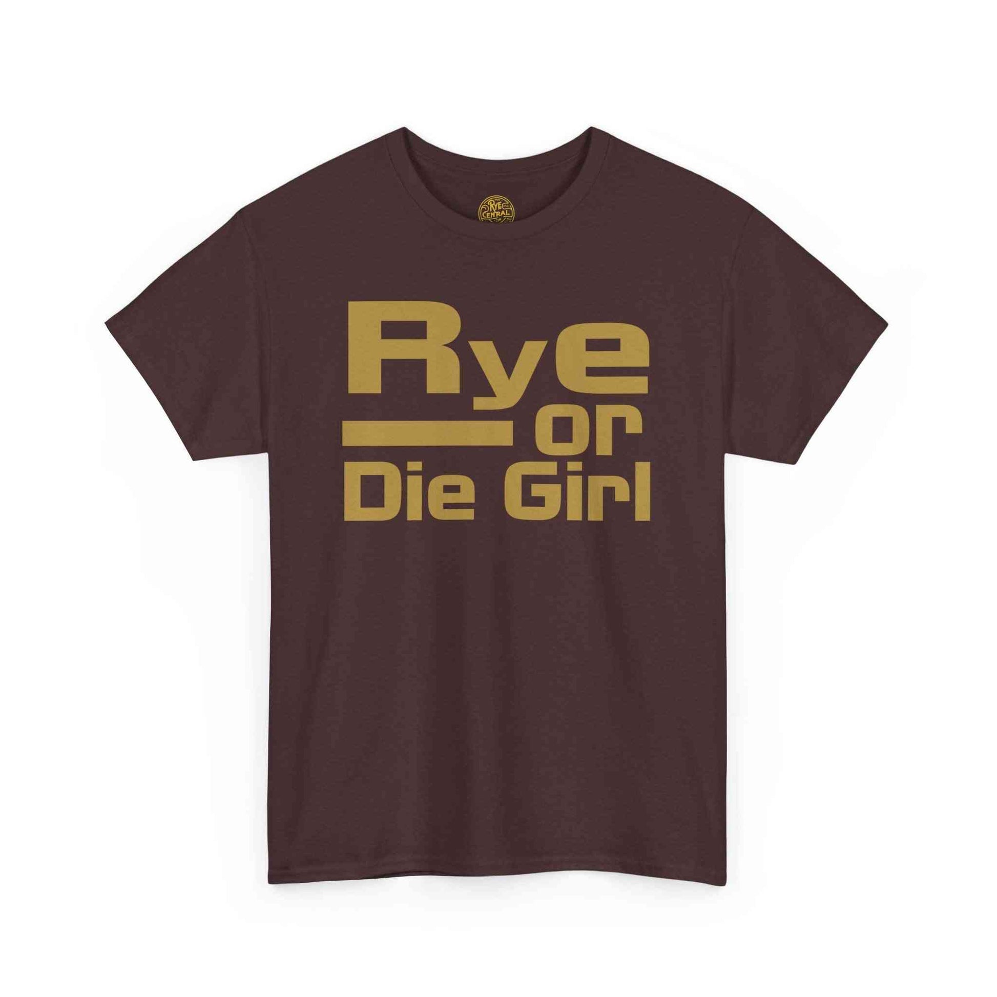 Brown women's whiskey t-shirt featuring 'Rye or Die Girl' slogan in gold, ideal for trendy whiskey-themed outfits.