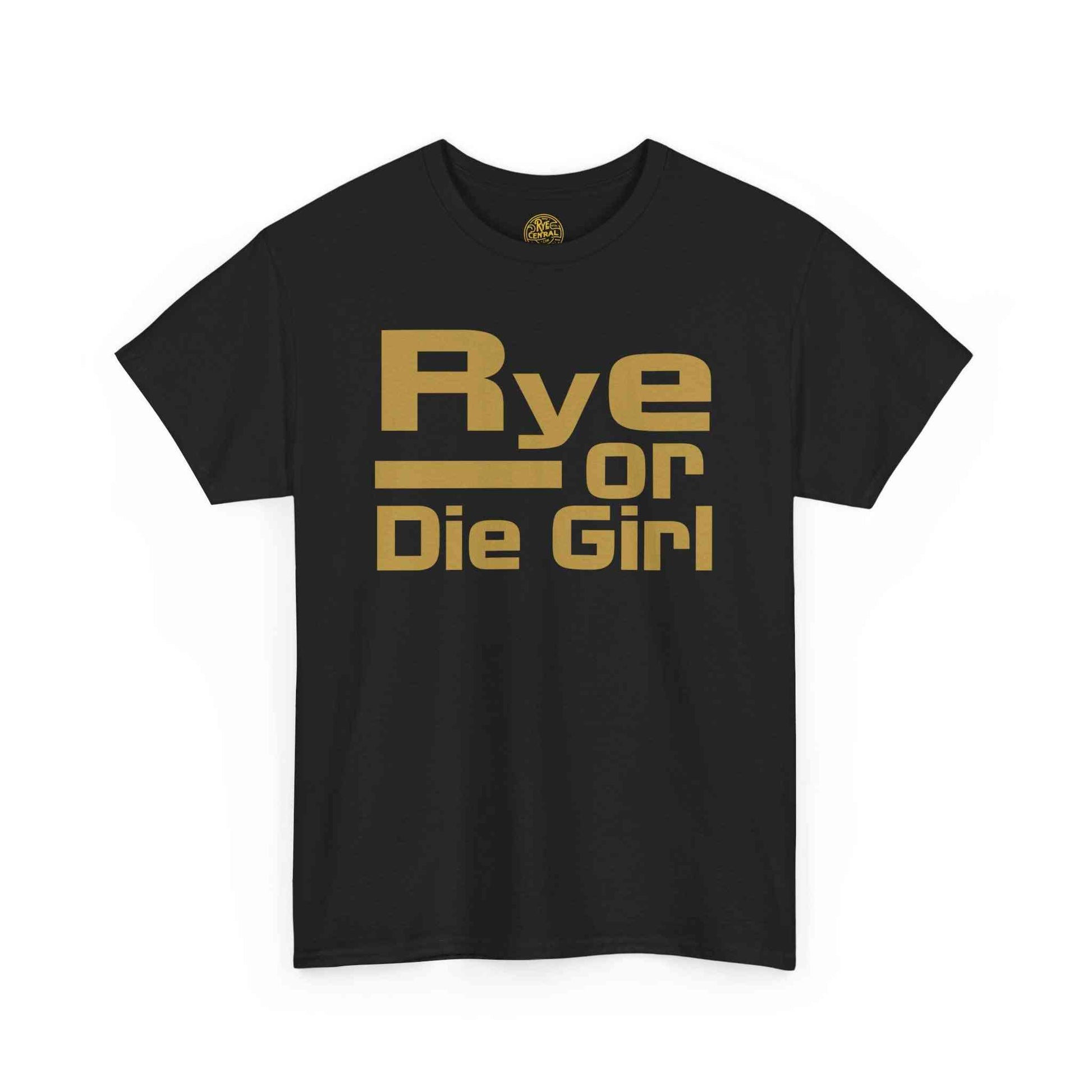 Black 'Rye or Die Girl' t-shirt for women with gold lettering, a stylish pick for whiskey fans and casual wear.