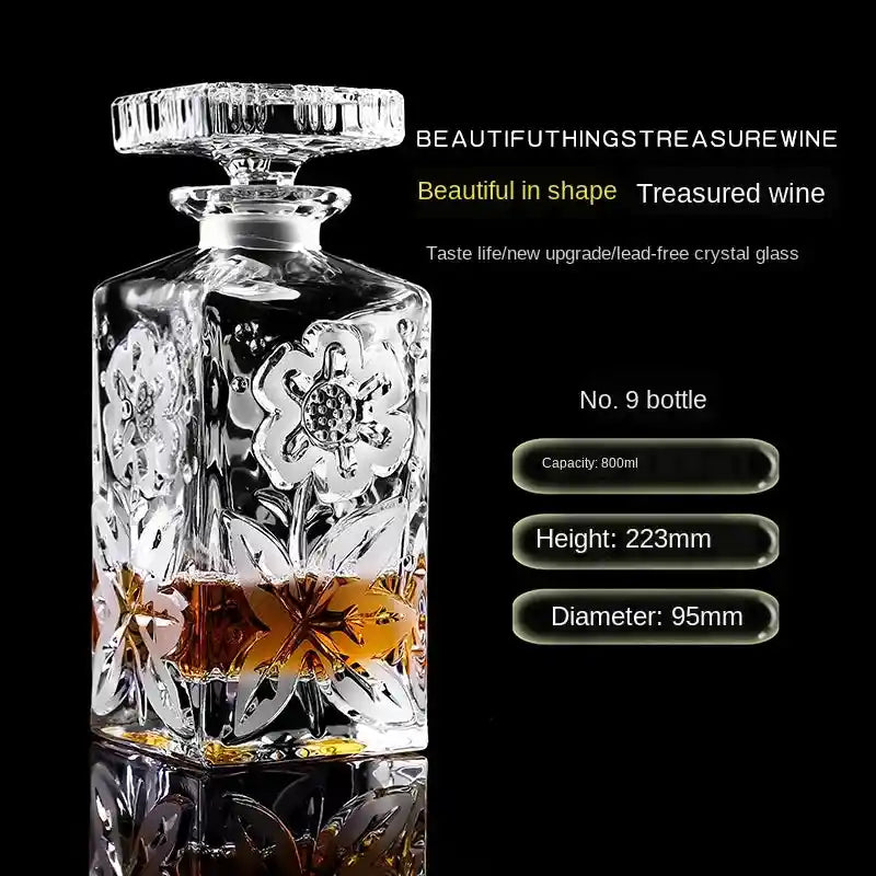 Crystal glass wine red bottle No. 9 with floral engraving, 800ml capacity, ideal for whiskey or vodka in home bar settings.