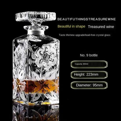 Crystal glass wine red bottle No. 9 with floral engraving, 800ml capacity, ideal for whiskey or vodka in home bar settings.