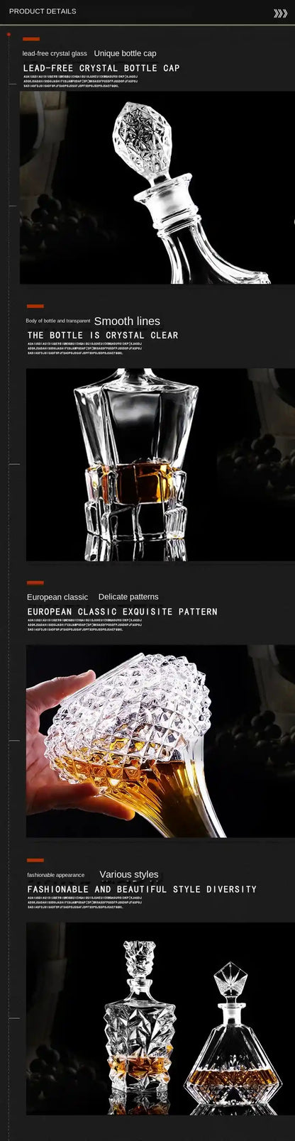 Close-up details of Crystal Glass Wine Red Bottle Decanter showcasing lead-free glass, smooth lines, and classic European patterns.