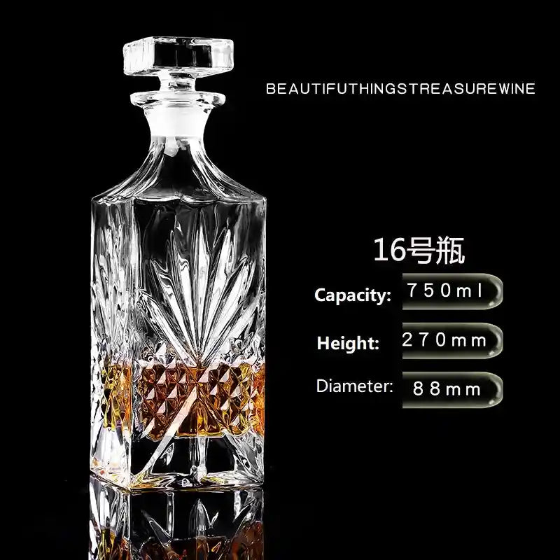 750ml crystal glass decanter with palm leaf pattern and square stopper, ideal for whiskey, wine, or liquor display.