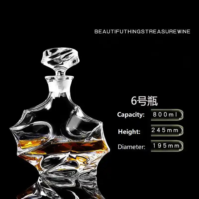 800ml artistic crystal glass decanter with twisted design and stopper, ideal for whiskey, wine, or liquor display.