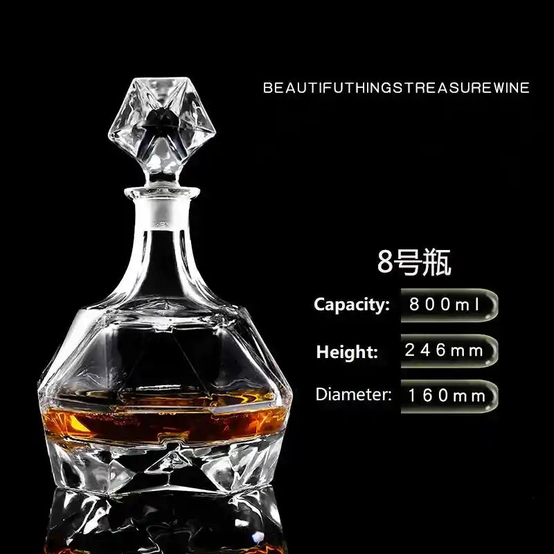 800ml crystal glass decanter with geometric design and hexagonal stopper, perfect for whiskey, vodka, or wine.