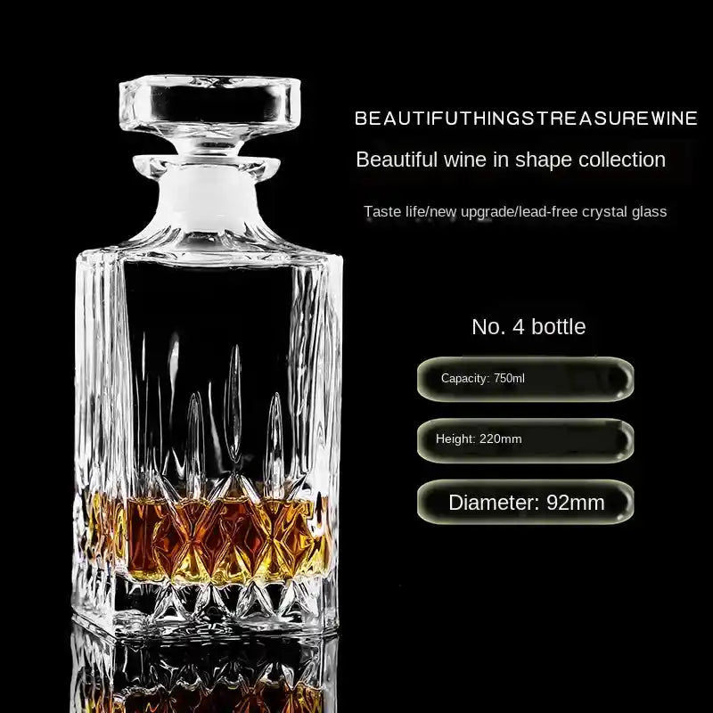 750ml vertical-cut crystal glass wine decanter with round stopper, ideal for whiskey and vodka, with product dimensions.