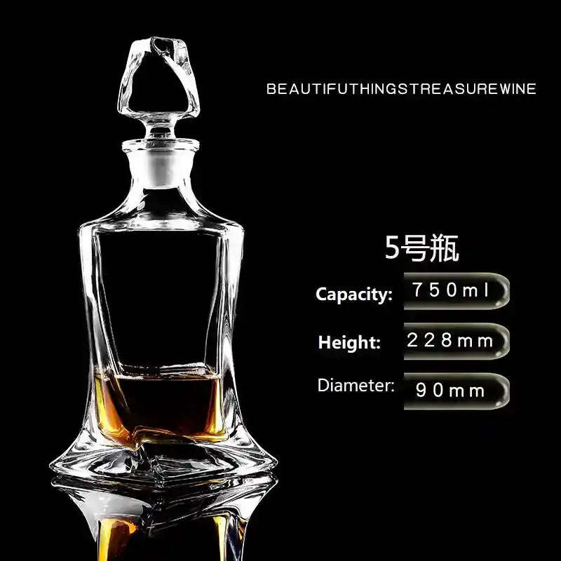 750ml uniquely shaped crystal glass decanter with angled base and elegant stopper, perfect for whiskey or vodka.