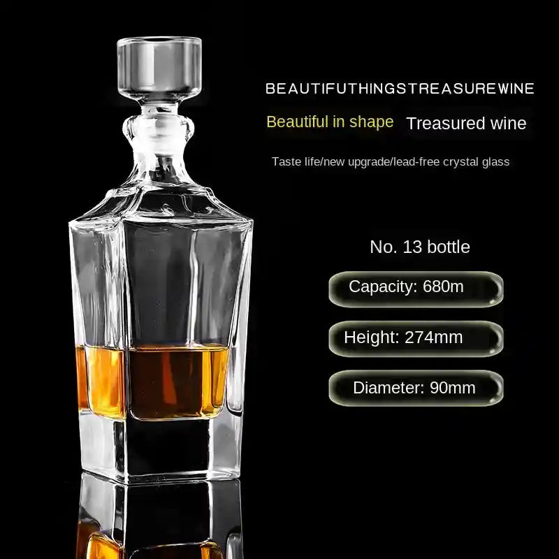 Geometric crystal wine decanter No. 13 with square stopper, 680ml, perfect for whiskey or vodka in elegant bar collections.