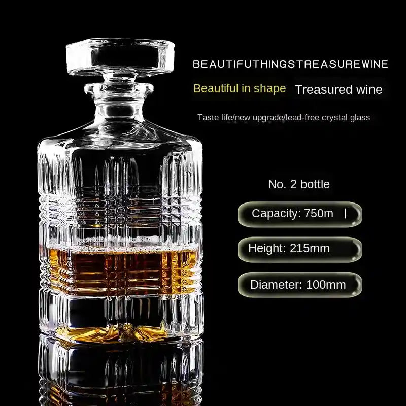 750ml crystal glass liquor pourer with grid pattern, ideal for whiskey or wine, with detailed size and capacity info.