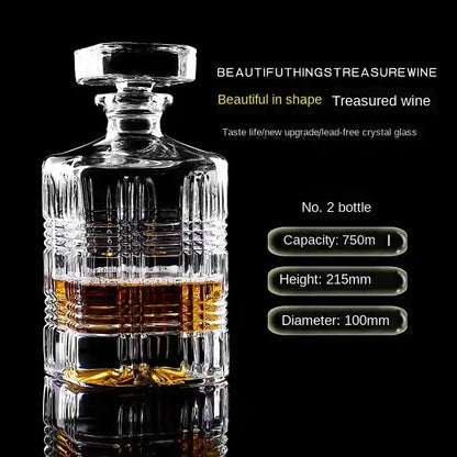 750ml crystal glass liquor pourer with grid pattern, ideal for whiskey or wine, with detailed size and capacity info.