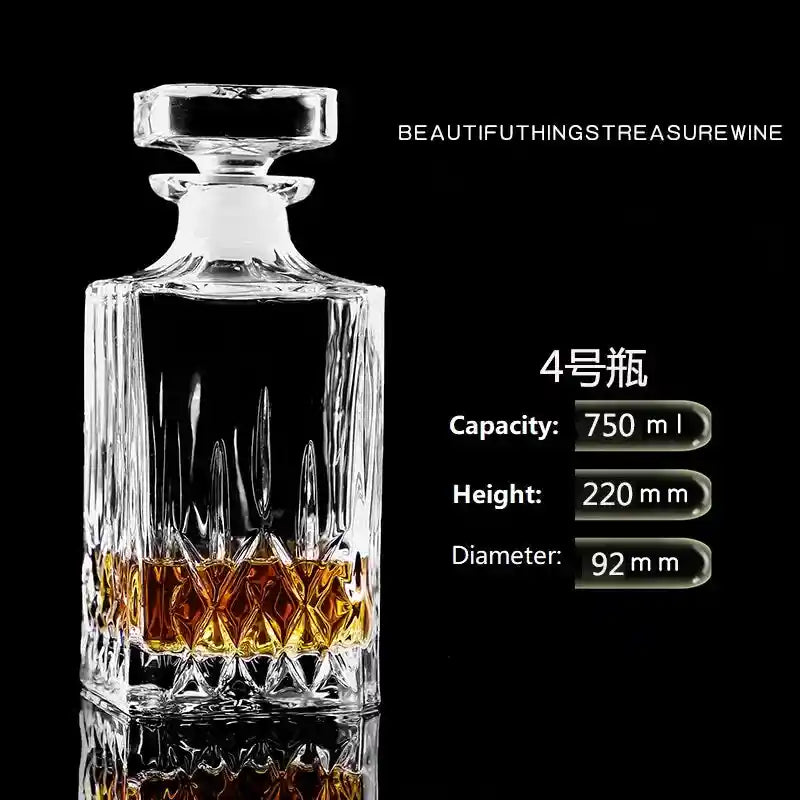 750ml crystal glass decanter with vertical cut design and round stopper, ideal for whiskey or wine in home bar settings.