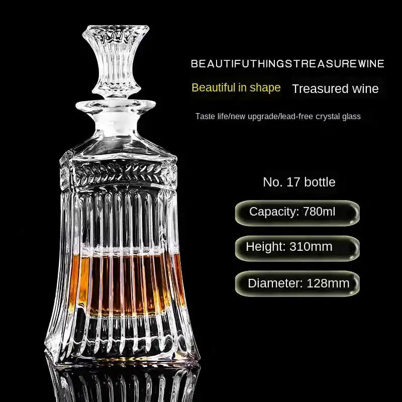 Vertical ribbed crystal decanter No. 17 with flared top, 780ml, perfect for whiskey, vodka, or wine in elegant bar settings.