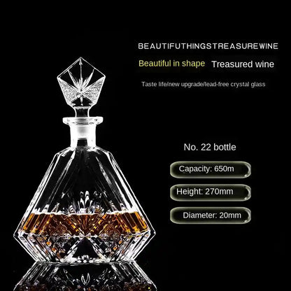 Unique diamond-shaped crystal decanter No. 22, 650ml, ideal for whiskey or vodka in luxury home bar displays.