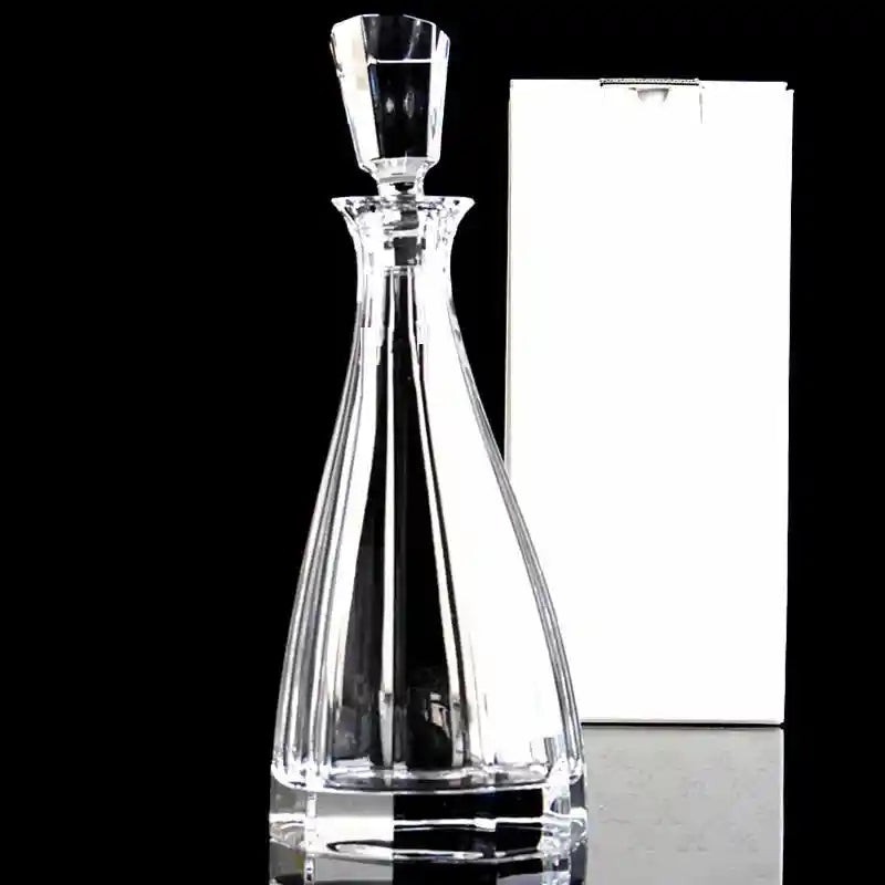 Tall, sleek crystal glass wine decanter with modern design and gift box, perfect for vodka, whiskey, or wine serving.