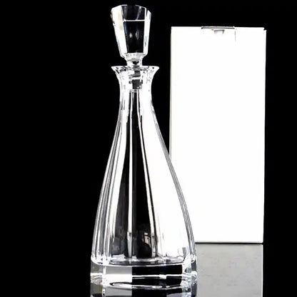Tall, sleek crystal glass wine decanter with modern design and gift box, perfect for vodka, whiskey, or wine serving.