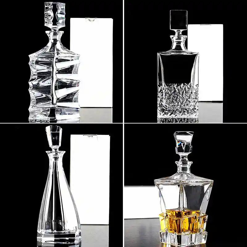 Four crystal glass wine decanters with gift boxes, showcasing elegant shapes for whiskey, vodka, and home bar use.