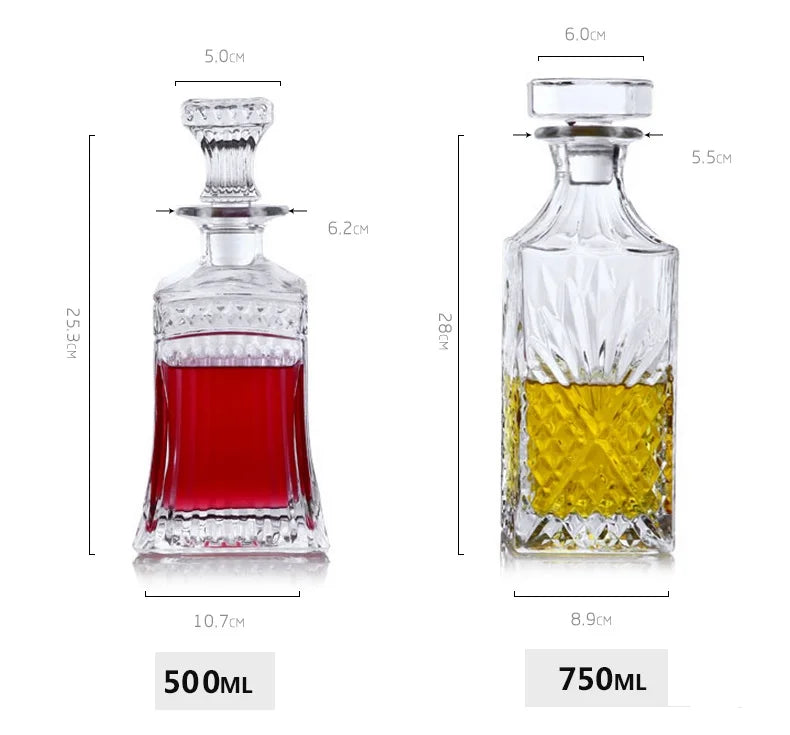 500ml and 750ml crystal whiskey decanters from RyeCentral with elegant cuts and dimensions for premium liquor storage.