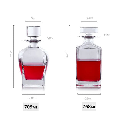 Two RyeCentral whiskey decanters with 709ml and 768ml capacities, featuring modern crystal designs and precise measurements.