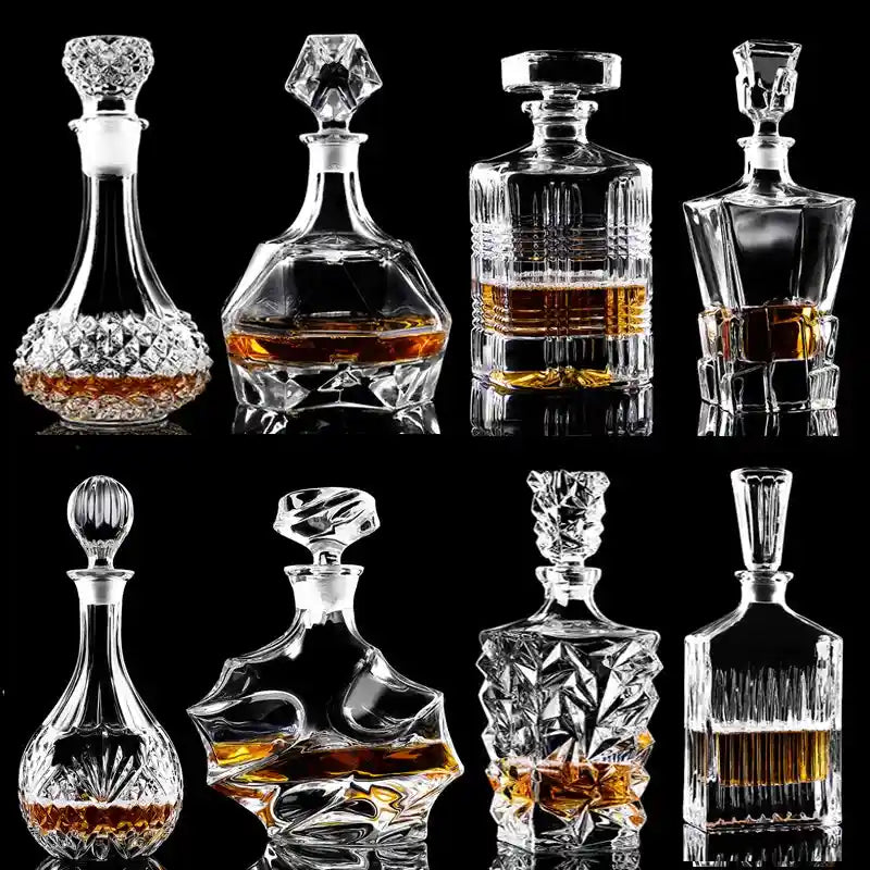 Set of 8 crystal glass wine decanters with unique geometric designs, ideal for whiskey, vodka, and home bar liquor storage.