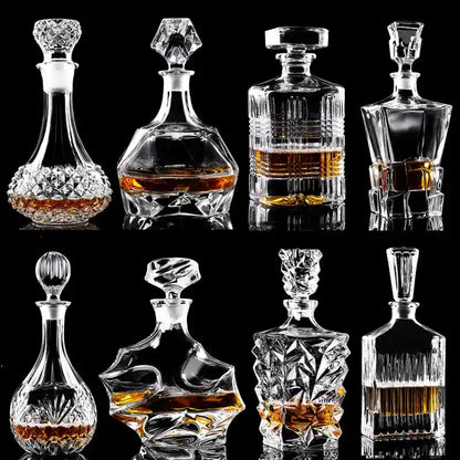 Set of 8 crystal glass wine decanters with unique geometric designs, ideal for whiskey, vodka, and home bar liquor storage.