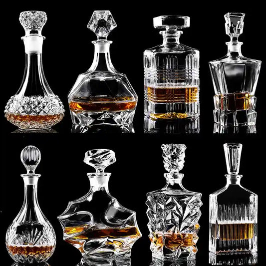 Set of 8 crystal glass wine decanters with unique geometric designs, ideal for whiskey, vodka, and home bar liquor storage.
