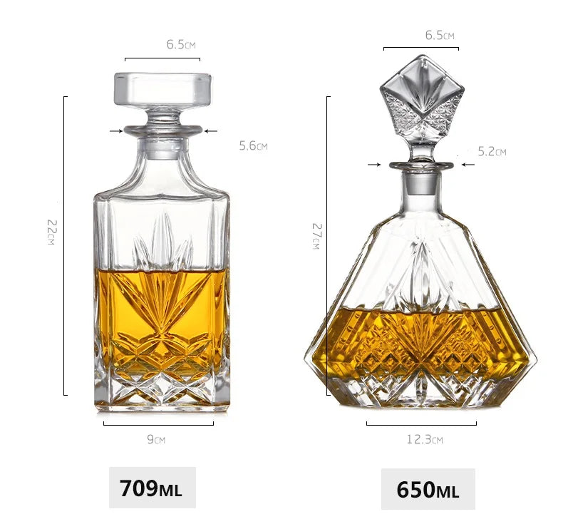 709ml and 650ml RyeCentral whiskey decanters with geometric crystal designs, enhancing aroma and visual appeal.