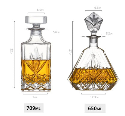 709ml and 650ml RyeCentral whiskey decanters with geometric crystal designs, enhancing aroma and visual appeal.